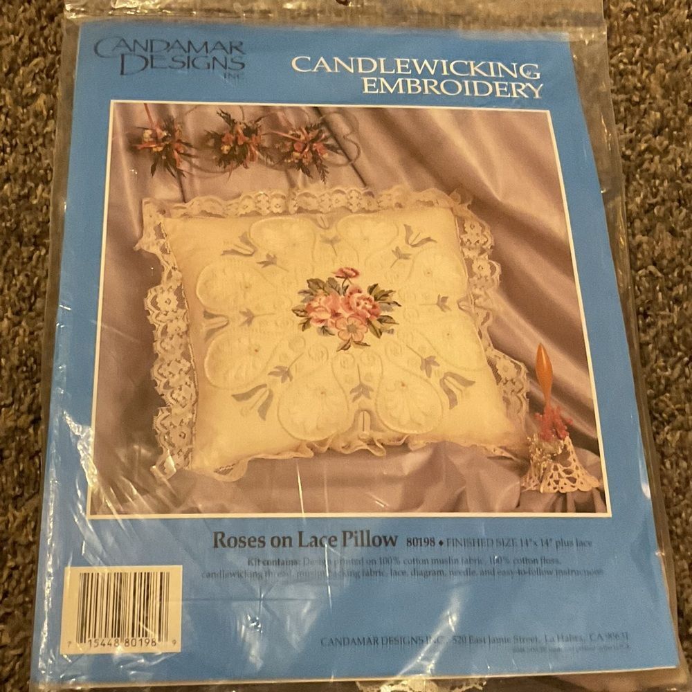 Candamar Designs Roses on Lace Candlewicking Pillow - Cream with Pink Roses